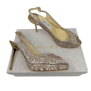 Jimmy Choo Nova Heels Coarse Glitter Slingback Pump Champagne Gold 39